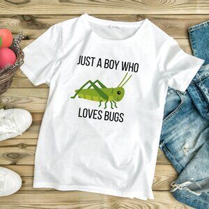Handmade NWT Just a Boy Who Loves Bugs | Kids White Graphic Tee (XS-XL)
